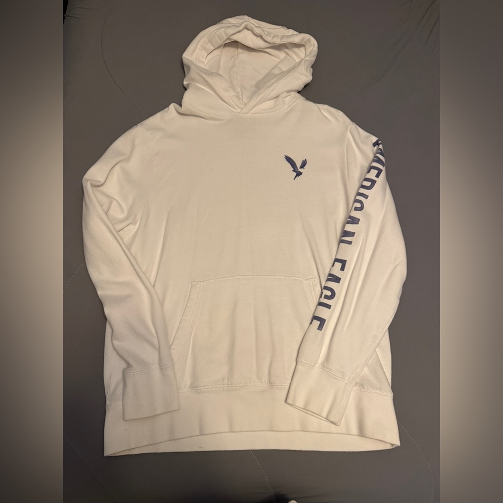 American Eagle Outfitters Cream Hoodie with Blue Logo